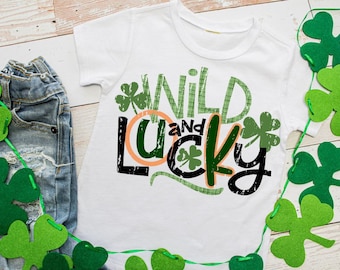 St. Patrick’s Day Shirt, Wild & Lucky, Children’s clothing, St Paddys Day Shirt, Shamrock, Lucky Charm, Holiday shirts