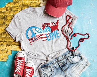 4th of July Shirt, Independence Day, Peace Love & Freedom, Mom Shirt, Women’s Shirt, Screen Print Transfers