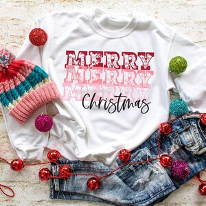 Merry Merry Merry Christmas Langarm Shirt, Weihnachtsshirt, Weihnachtsmann Bilder, Mama Weihnachtsshirt, Weihnachtsfeier