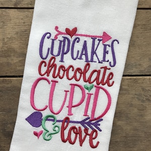 Valentine's Day Tea Towel, Cupcakes, Chocolate, Cupid & Love, Embroidered Flour Sack Tea Towels, Kitchen, Valentine's Day Decor image 1