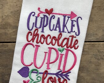 Valentine's Day Tea Towel, Cupcakes, Chocolate, Cupid & Love, Embroidered Flour Sack Tea Towels, Kitchen, Valentine's Day Decor