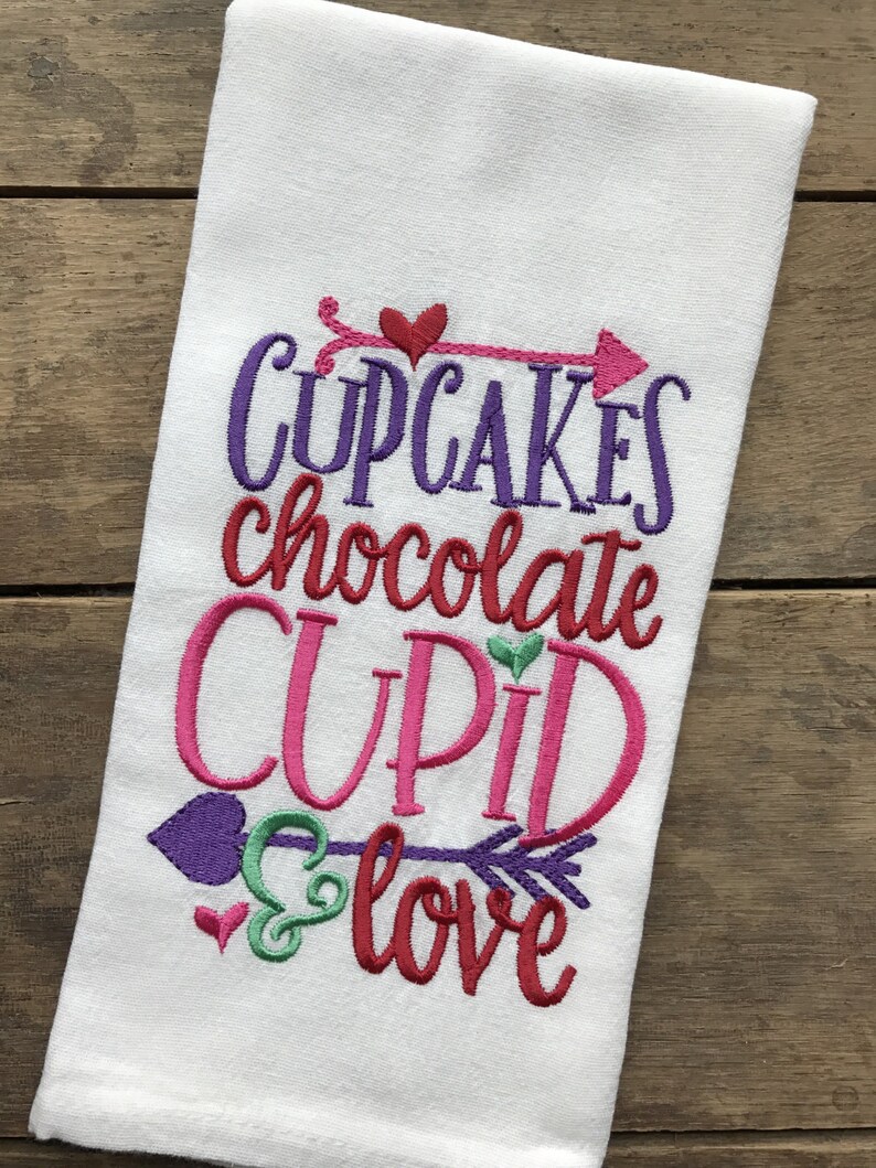 Valentine's Day Tea Towel, Cupcakes, Chocolate, Cupid & Love, Embroidered Flour Sack Tea Towels, Kitchen, Valentine's Day Decor image 1