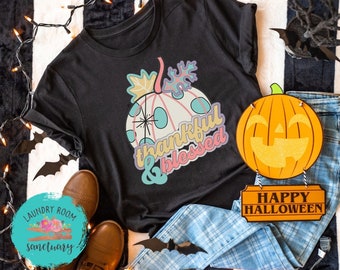 Thankful & Blessed, Retro, Pumpkin Spice, Ghost Halloween Shirt, Funny Halloween Shirt, Ghost Tee Shirt