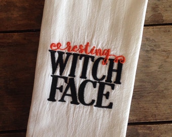 Halloween Tea Towel, Resting Witch Face, Embroidered Flour Sack Tea Towels, Kitchen, Halloween Decor,Housewarming gift, Funny gift
