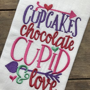 Valentine's Day Tea Towel, Cupcakes, Chocolate, Cupid & Love, Embroidered Flour Sack Tea Towels, Kitchen, Valentine's Day Decor image 2