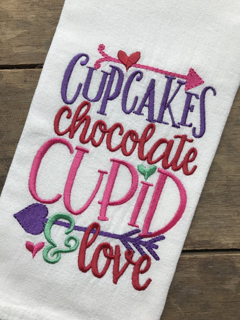 Valentine's Day Tea Towel, Cupcakes, Chocolate, Cupid & Love, Embroidered Flour Sack Tea Towels, Kitchen, Valentine's Day Decor image 2