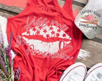 Kiss Me I’m American Shirt, Memorial Day, Fourth of July, 4th of July Shirt, Mom Shirt, Women’s Shirt, Screen Print Transfer
