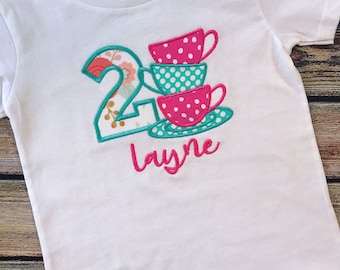 Tea For Two Birthday Shirt, Tea Party Birthday Shirt, Tea Cups Embroidered, Applique, Birthday Shirt