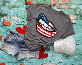 4th of July Shirt, Independence Day, Lips Flag, Mom Shirt, Women’s Shirt, Screen Print Transfers