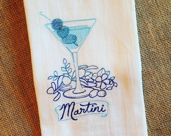 Martini Embroidered Flour Sack Tea Towels, Kitchen,Wedding gift, Housewarming gift, Funny gift, Happy Hour Collection