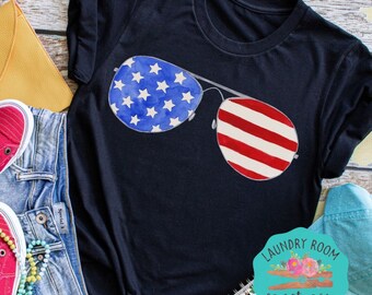 Flag Aviator Shirt, 4th of July Shirt, Independence Day, Sunglasses Flag, Mom Shirt, Women’s Shirt, Screen Print Transfers