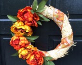 NEW - 14 in straw wreath with fall peonies, fall wreath, Thanksgiving wreath, wreath, Thanksgiving Fall decor, fall decor,Thanksgiving decor