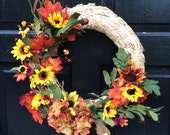 14 in straw wreath with fall flowers, fall wreath, Thanksgiving wreath, Thanksgiving Fall decor, fall decor,Thanksgiving decor