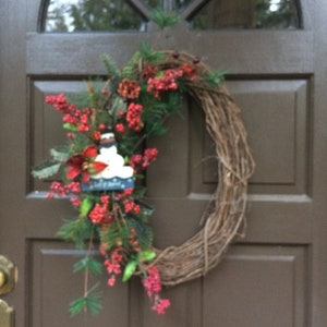 Oval grapevine,snowman wreath,Christmas wreath,wreath,whimsical wreath, rustic wreath, rustic Christmas wreath, front door image 1