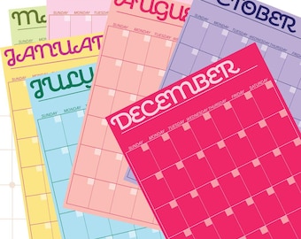 May include: A collection of colorful monthly calendars. The calendars are in various colors, including pink, blue, yellow, and purple. Each calendar displays the month's name in a decorative font. The calendars are arranged in a layered composition.