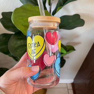Valentine&#39;s Glass Cup | Conversation Hearts | Beer Glass Can | Valentine&#39;s Day | Iced Coffee Glass | Aesthetic Glass Cup