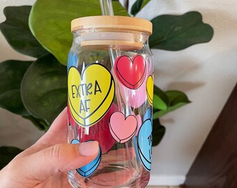 Valentine's Glass Cup | Conversation Hearts | Beer Glass Can | Valentine's Day | Iced Coffee Glass | Aesthetic Glass Cup