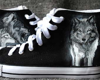 Hand-Painted Wolf Sneakers: Custom Spirit Animal Shoes
