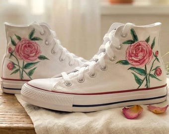 Custom Hand Painted Peony Shoes Personalized Floral Sneakers for Bride