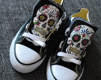Custom Sugar Skull shoes, hand painted skull sneakers, Santa Muerte shoes