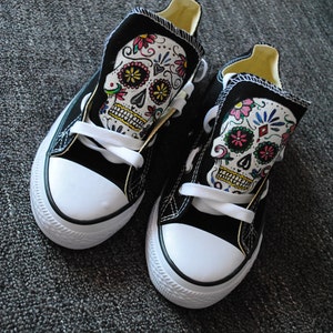 Hand-Painted Sugar Skull Shoes - Custom Día de los Muertos & Gothic Fall Streetwear