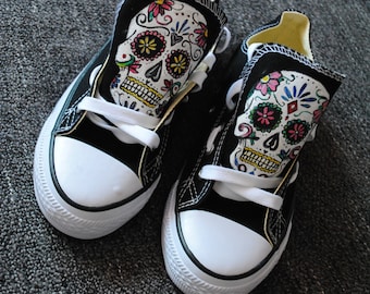 Hand-Painted Sugar Skull Shoes - Custom Día de los Muertos & Gothic Fall Streetwear