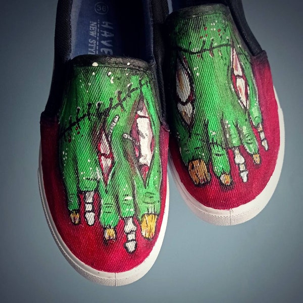 Custom hand painted zombie shoes, zombie feet slip on shoes, ugly feet shoes, creepy feet sneakers