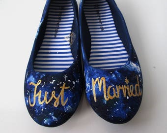 Custom Just Married shoes, galaxy pumps, bride shoes, something blue flats, celestial shoes