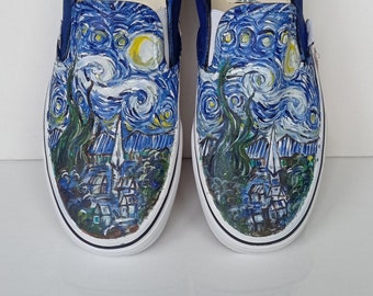 Zapatos personalizados Vincent Van Gogh The Starry Night Slip On, zapatillas The Starry Night pintadas a mano