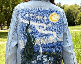 Jaqueta jeans personalizada pintada à mão com tema de noite