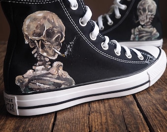 Hand Painted Van Gogh Skeleton Shoes, Smoking Skull High Tops
