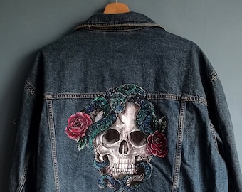 Hand Painted Denim Jacket Skull Snake Roses, Vintage Jacket Tattoo Skull, Oversize Skull Jacket, Snake Jacket