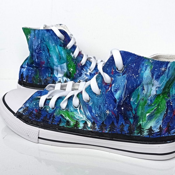 Custom Green Northern Lights shoes, Northern Lights sneakers, treeline shoes, celestial shoes