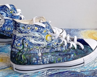 Custom Van Gogh The Starry Night shoes BOTH SIDES PAINTED, hand painted The Starry Night sneakers, Van Gogh Wedding, Starry Night art