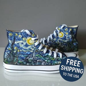 Handgeschilderde Van Gogh-sneakers met sterrenhemel: custom art-schoenen voor bruiloften, cadeaus en kunstliefhebbers