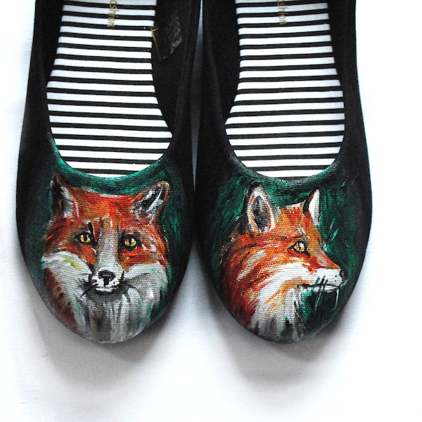 Hand painted fox ballet shoes, flat with fox, woodland gift, nature lover gift, woodland shoes, animal shoes. vegan shoes. Cute fox gift