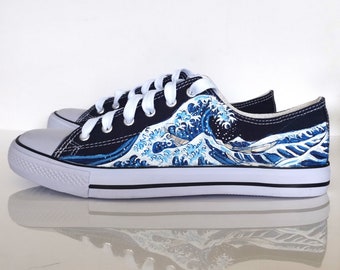 Hand-Painted Great Wave Shoes – Japanese Art-Inspired Sneakers for Art Lovers
