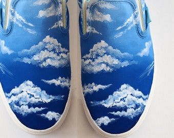 Custom blue sky shoes, hand painted summer sky sneakers, sky slip ons, something blue shoes, dreamer gift,