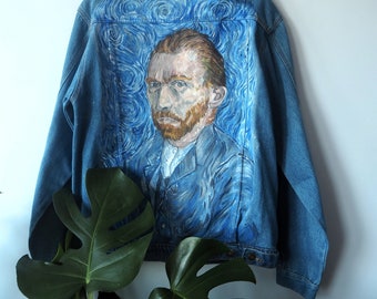 Hand Painted Denim Jacket Vincent Van Gogh Self portrait, Oversize Van Gogh Jean Jacket, Vintage Van Gogh Jacket