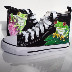 Hand-painted frog sneakers, nature inspired canvas shoes, animal lover gift, whimsical custom footwear