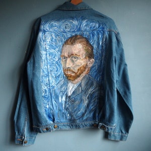Unique Hand-Painted Denim Jacket: Van Gogh Self Portrait Inspired Wearable Art