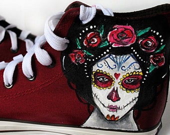 Personalized hand painted shoes Santa Muerte, La Catrina shoes, Sugar skull shoes