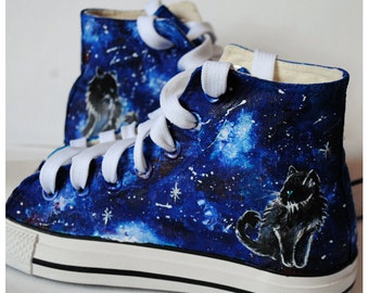 Galaxy cat shoes, custom galaxy cat, black cat shoes, hand painted cat, celestial shoes