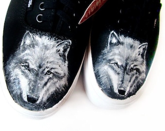 Hand-Painted Wolf Shoes: Animal Spirit Canvas Shoes