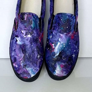 Handpainted Purple Galaxy Slip-On Sneakers: Custom Celestial Cosmos Astronaut Shoes for Space Enthusiasts