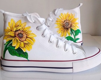 Custom Sunflower Shoes, hand painted sunflower white sneakers, Sunflower Bridal Wedding Shoes