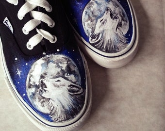 Custom hand painted Wolf shoes, Personalized  wolf sneakers, Wolves Moon Shoes, Moon phase shoes