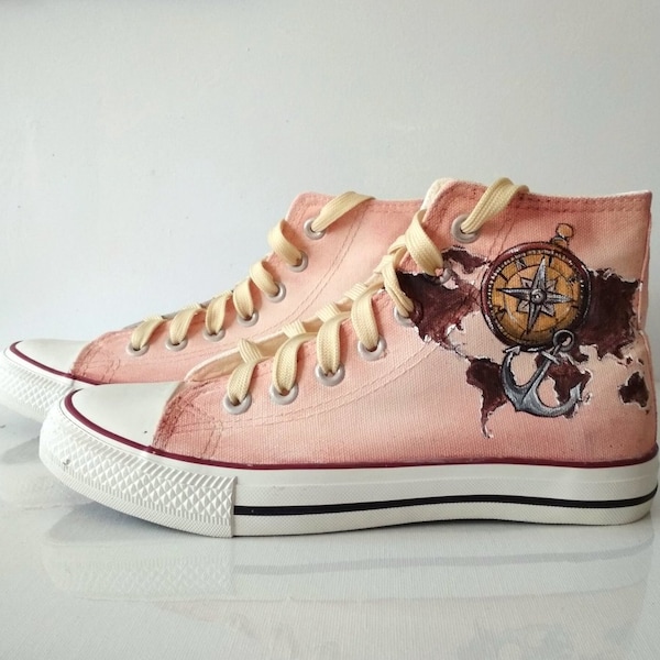 Custom Travel Shoes, World map Shoes, Compass Shoes, Anchor Sneakers, Travel lover gift, Sailor gift