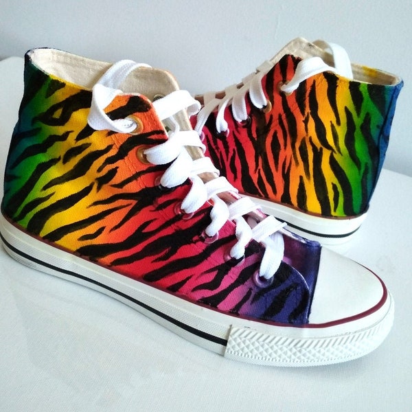 Handpainted canvas rainbow zebra shoes - unique hand made sneakers for spring, tiger print rainbow shoes