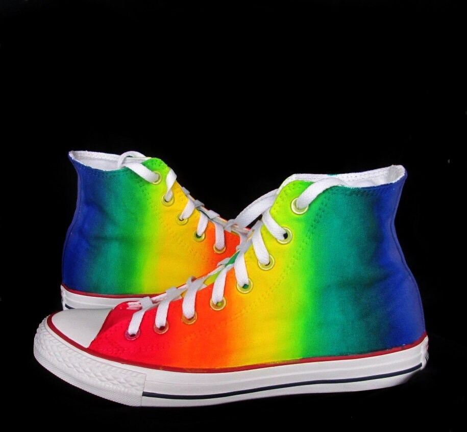white converse with rainbow stitching